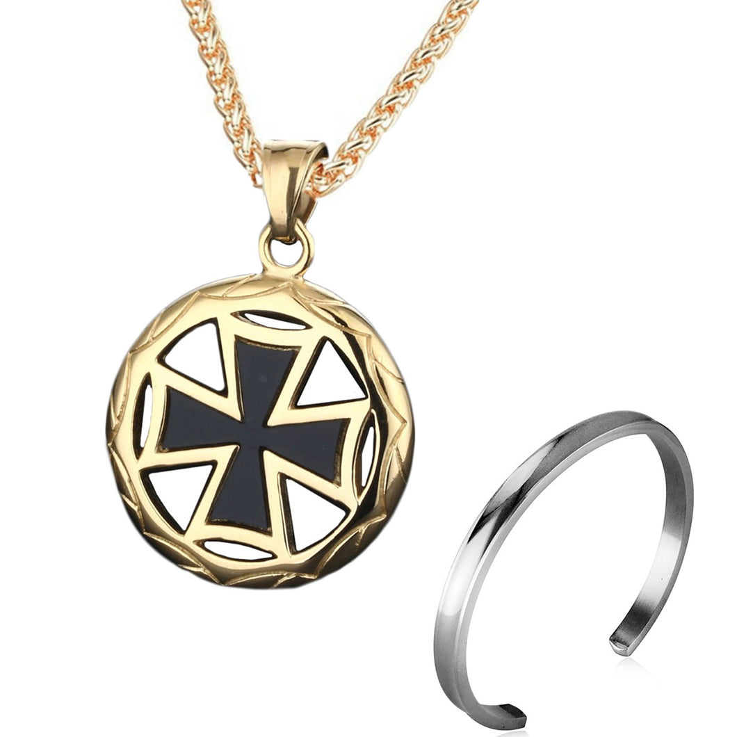 GUNGNEER Templar Knights Cross Necklace Stainless Steel Wheat Chain Bracelet Jewelry Set