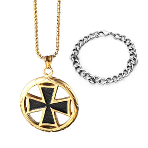 GUNGNEER Templar Cross Necklace Round Pendant Necklace Bracelet Stainless Steel Jewelry Set