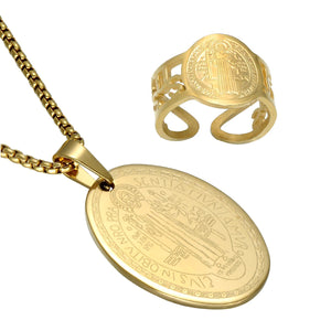 GUNGNEER Saint Benedict Medal Pendant Necklace with Ring Stainless Steel Jewelry Set Men Women