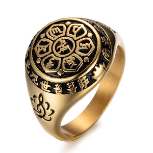 GUNGNEER Om Mani Padme Hum Mandala Ring Stainless Steel Lotus Spiritual Jewelry For Men