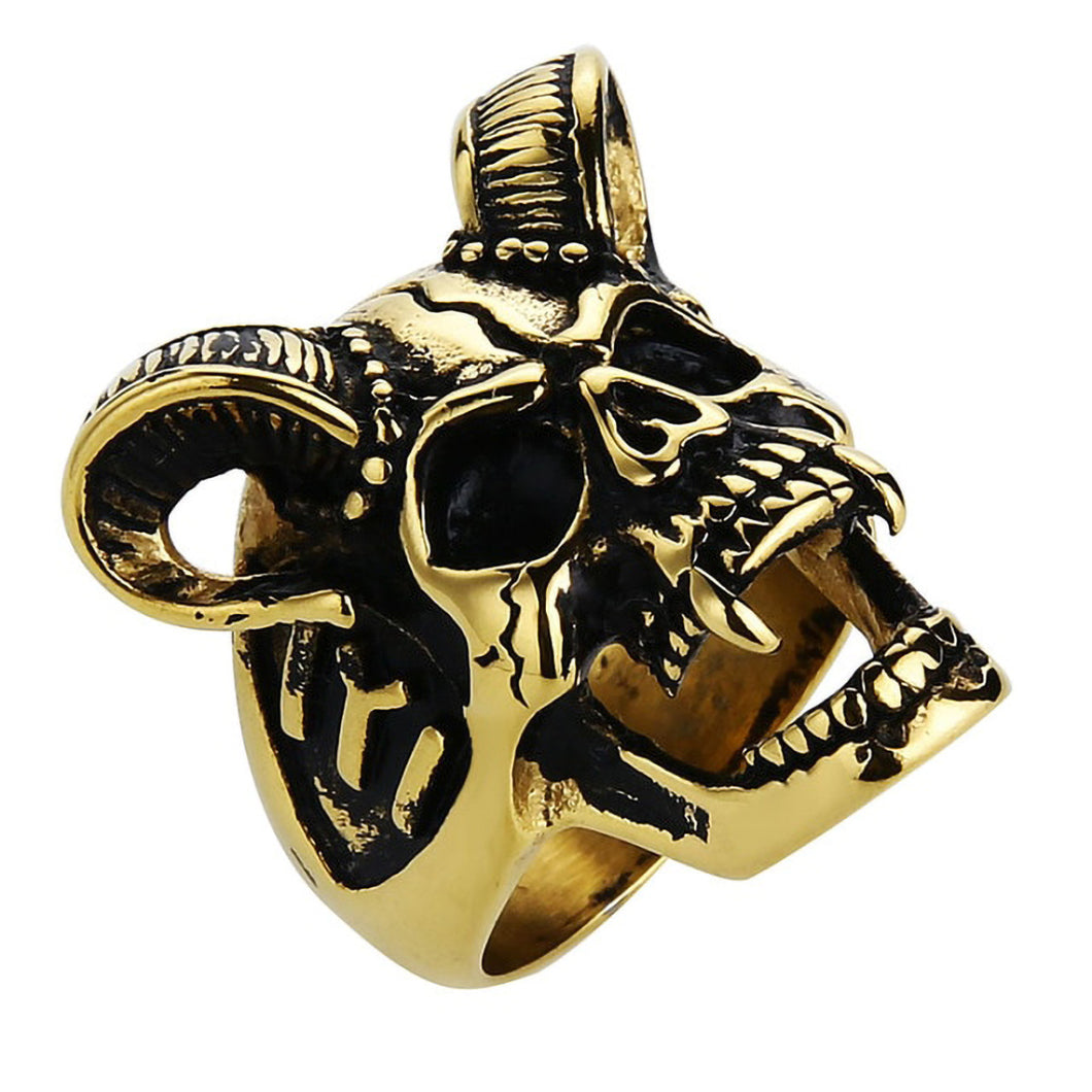 GUNGNEER Stainless Steel Satan Ram Skull Ring Devil Horn Goat Jewelry Accessory For Men