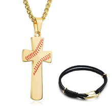 Load image into Gallery viewer, GUNGNEER Baseball Cross Necklace with Leather Bracelet Sporty Stainless Steel Jewelry Set