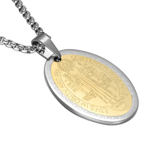 GUNGNEER Saint Benedict Medal Pendant Necklace with Ring Stainless Steel Jewelry Set Men Women