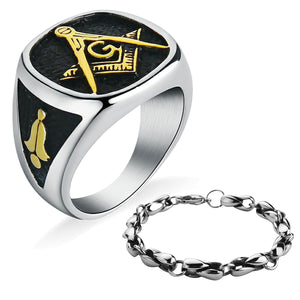 GUNGNEER Stainless Steel Freemason Masonic Signet Ring Silvertone Chain Bracelet Jewelry Set Men