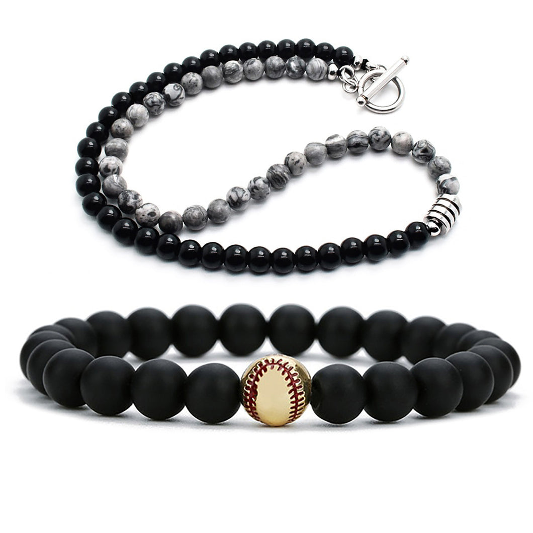 GUNGNEER Trendy Baseball Bead Necklace Stone Sports with Bracelet Jewelry Accessory Men Women