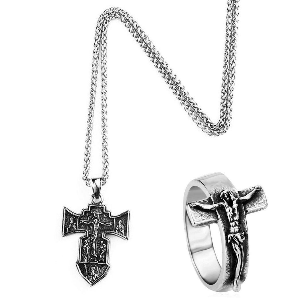 GUNGNEER Stainless Steel Christ Cross Pendant Necklace Men's Jesus Ring Jewelry Set