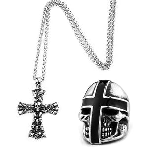 GUNGNEER Men's Stainless Steel Christ Cross Skull Ring Pendant Necklace Jewelry Accessory Set