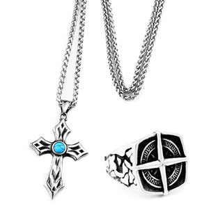 GUNGNEER Cross Pirate Compass Ring Necklace Stainless Steel Christ Jewelry Set Men Women