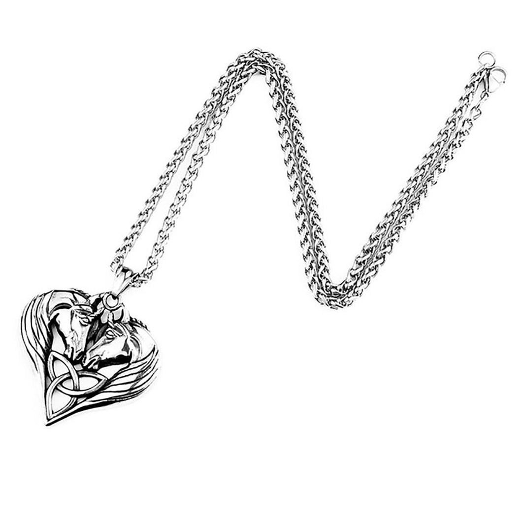 GUNGNEER Double Horse Head Celtic Triquetra Knot Heart Pendant Necklace Stainless Steel Jewelry