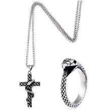 Load image into Gallery viewer, GUNGNEER Stainless Steel Cross Necklace Finger Snake Ring Christ Jewelry Accessory Set Men