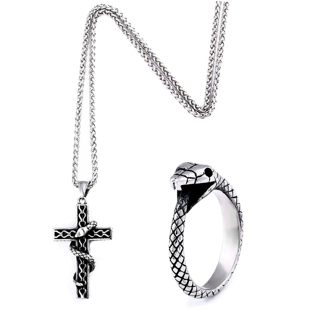 GUNGNEER Stainless Steel Cross Necklace Finger Snake Ring Christ Jewelry Accessory Set Men