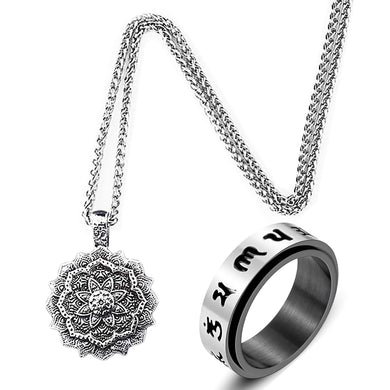 GUNGNEER Om Lotus Flower Mandala Necklace Hindu Buddhism Mantra Ring Jewelry Set For Men Women