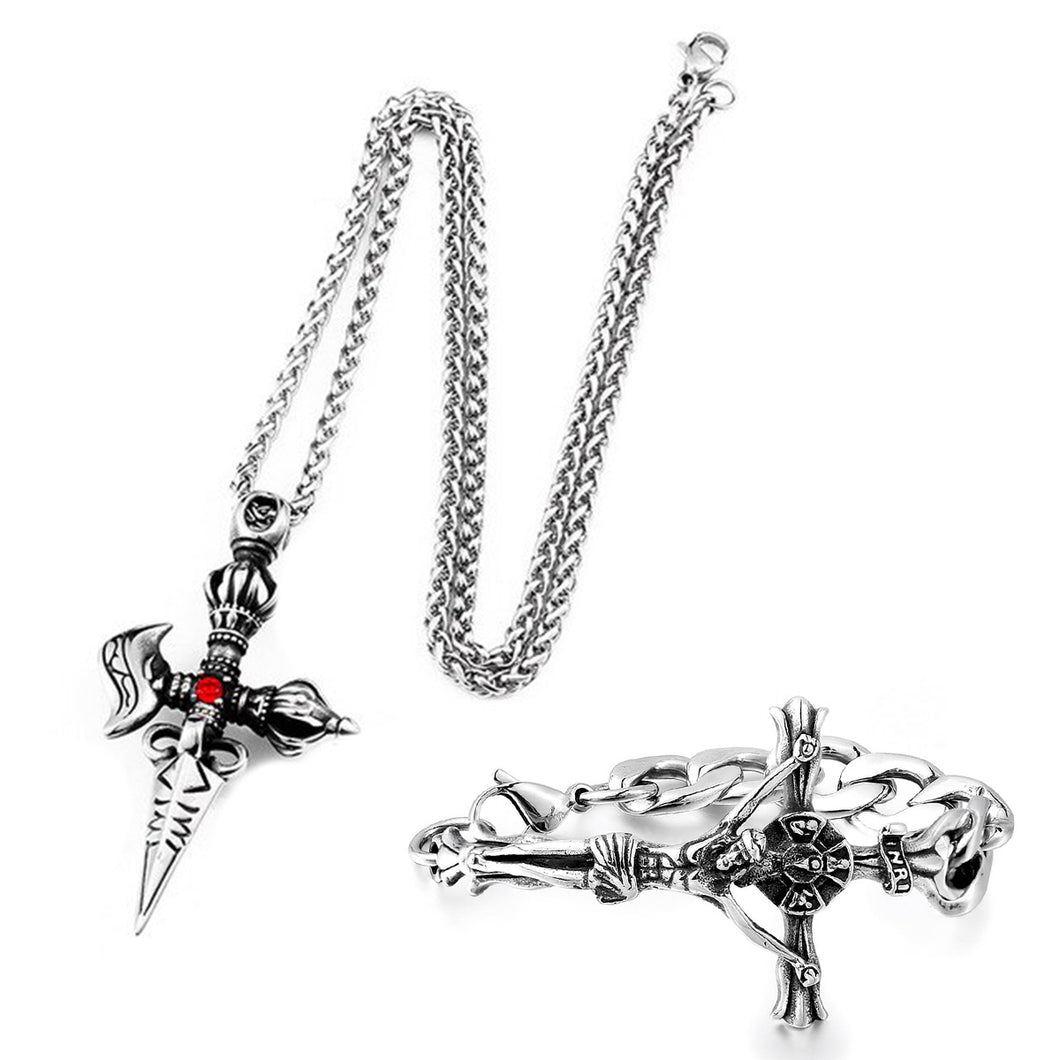 GUNGNEER Stainless Steel Christian Jesus Cross Punk Bracelet Necklace Jesus Jewelry Set