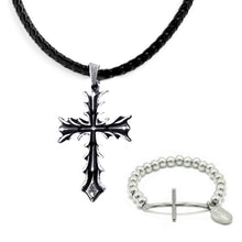 Load image into Gallery viewer, GUNGNEER Leather Stainless Steel Jesus Cross Necklace Charm Beads Bracelet Christ Jewelry Set