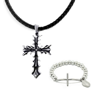 GUNGNEER Leather Stainless Steel Jesus Cross Necklace Charm Beads Bracelet Christ Jewelry Set