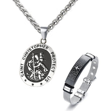 Load image into Gallery viewer, GUNGNEER St Christopher Necklace Cross Bible Bracelet Protect Us Prayer Stainless Steel Jewelry Set