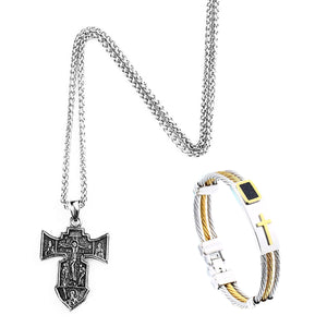 GUNGNEER Stainless Steel Jesus Cross Bracelet Christian Pendant Necklace Jewelry Set