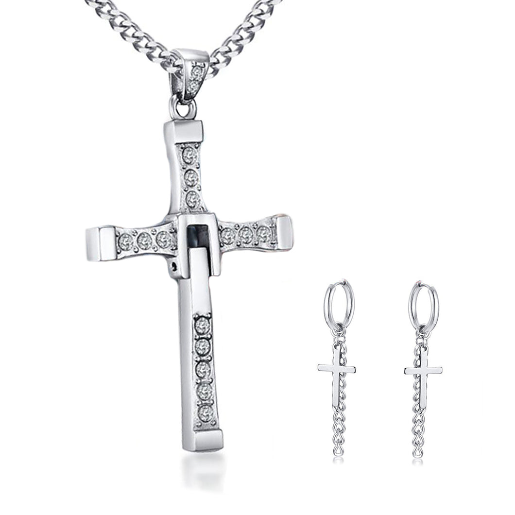 GUNGNEER Christian Cross Necklace Jesus Chain Dangle Earrings Jewelry Accessory Set Men Women