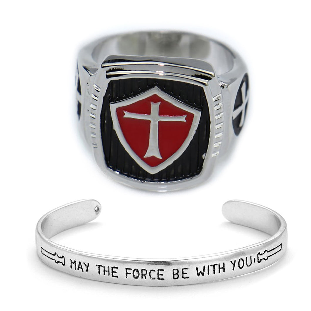 GUNGNEER Knight Templar Cross Stainless Steel Silver Plated Ring with Bangle Jewelry Set