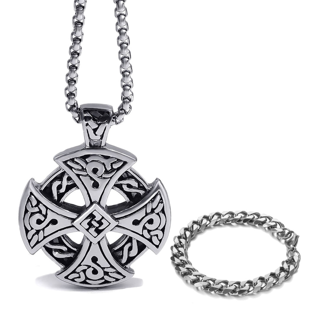 GUNGNEER Celtic Knot Templar Cross Stainless Steel Necklace Curb Chain Bracelet Jewelry Set