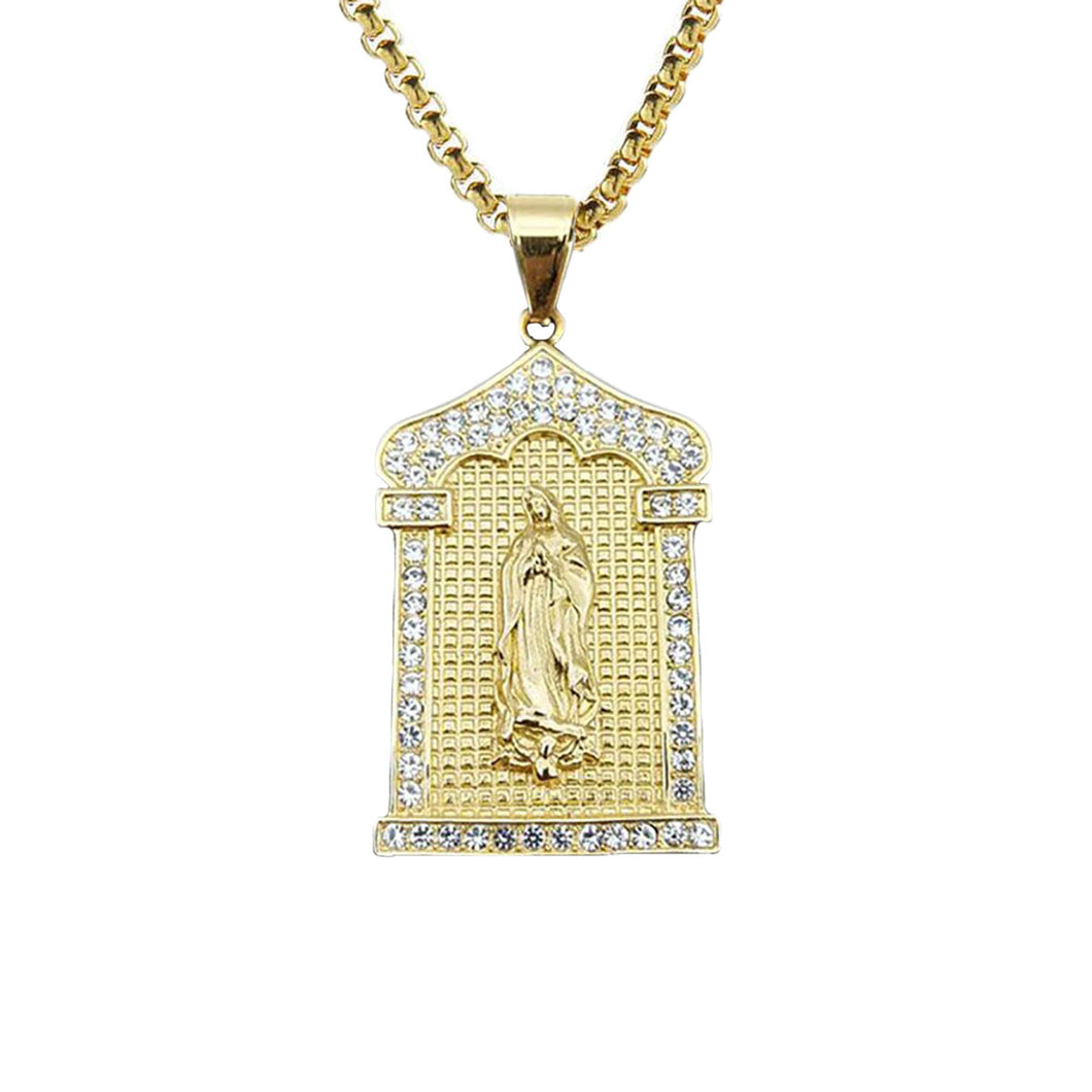 GUNGNEER Christian Miraculous Iced Out Virgin Mary Pendant Necklace Stainless Steel Jewelry