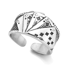 Load image into Gallery viewer, GUNGNEER Vintage Silvertone Stainless Steel Straight Flush Poker Card Lucky Ring Jewelry Men