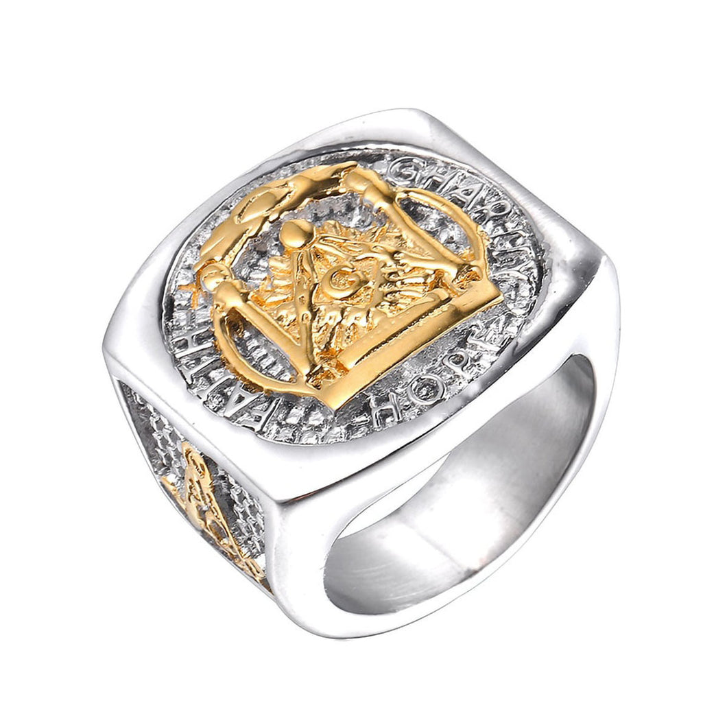 GUNGNEER Men's Freemason Ring Stainless Steel Free Mason Signet Jewelry For Men