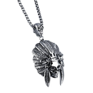 GUNGNEER Stainless Steel Skeleton Skull Indian Chief Pendants Necklaces Gothic Biker Jewelry