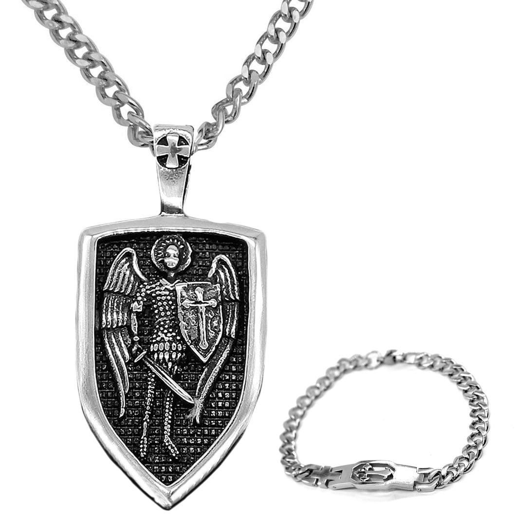 GUNGNEER Stainless Steel Shield St Michael Necklace Chain Bracelet The Archangel Jewelry Set