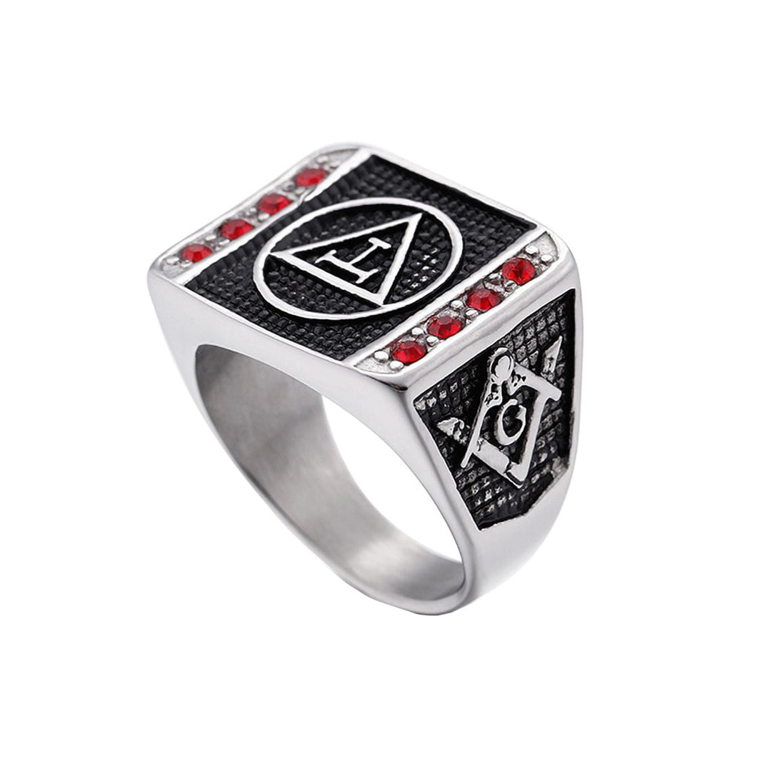 GUNGNEER Square Masonic Ring Red Stone Stainless Steel Freemason Signet Ring For Men