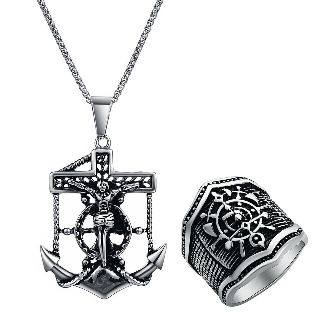 GUNGNEER Men's Anchor Jesus Cross Necklace Signet Ring Stainless Steel Nautical Jewelry Set