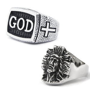 GUNGNEER 2 Pcs Men Stainless Steel Christian God Jesus Christ Ring Jewelry Accessory Set