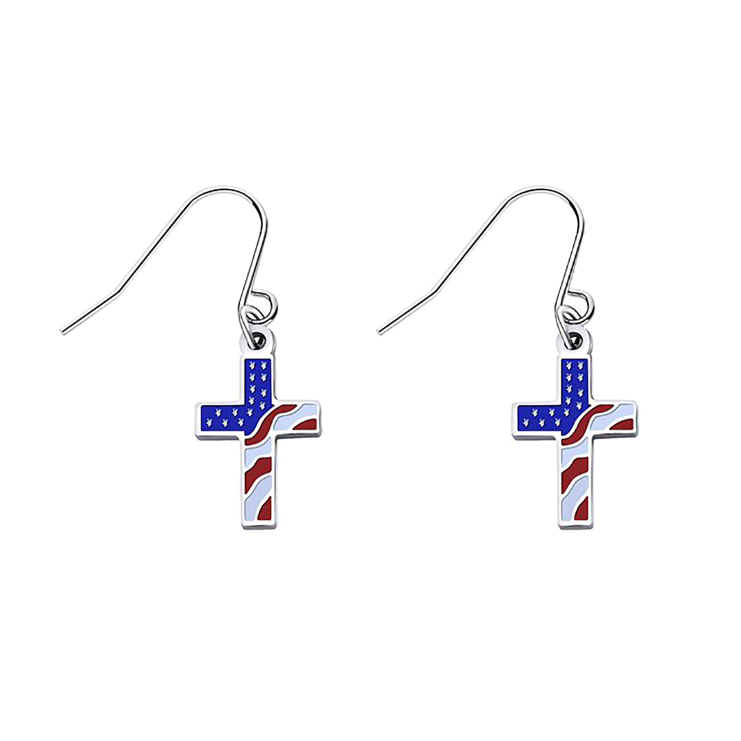GUNGNEER Stainless Steel US American Flag Cross Stud Earrings Patriotic Christian Jewelry