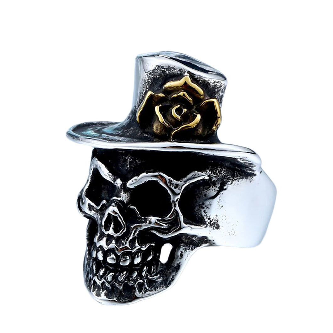 GUNGNEER Stainless Steel Skull Gold Rose Flower Hat Ring Biker Jewelry Accessories Men Women