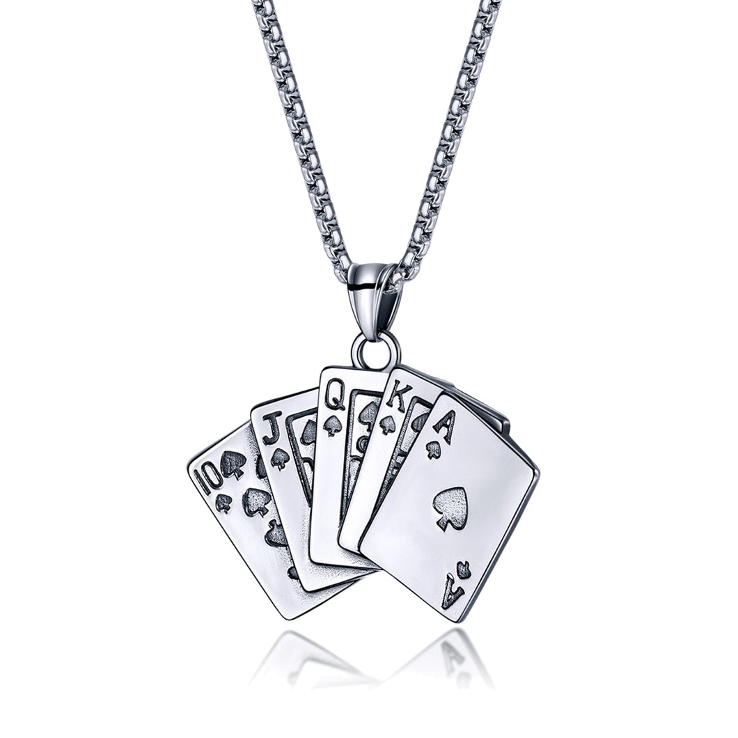 GUNGNEER Vintage Silvertone Stainless Steel Straight Flush Poker Card Lucky Pendant Necklace