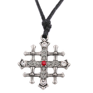 GUNGNEER Jerusalem Cross Stainless Steel Red Crystal Pendant Necklace with Bracelet Jewelry Set