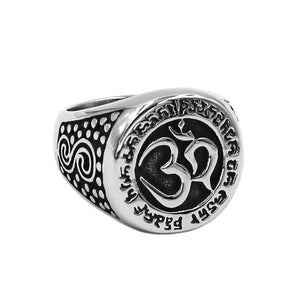 GUNGNEER Stainless Steel Buddhist Om Ring Hindu India Yoga Biker Ring Jewelry Set For Men