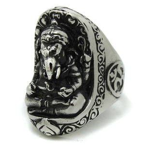 GUNGNEER Lord Ganesha Om Signet Ring Stainless Steel Strength Ohm Hindu Jewelry For Men