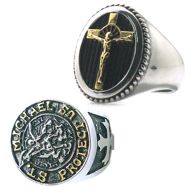 GUNGNEER 2 Pcs Archangel Protect Us St Michael Cross Jesus Ring Stainless Steel Jewelry Set