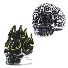 Load image into Gallery viewer, GUNGNEER 2 Pcs Stainless Steel Women Men Flame Punk Skull Skeleton Ring Halloween Jewelry Set