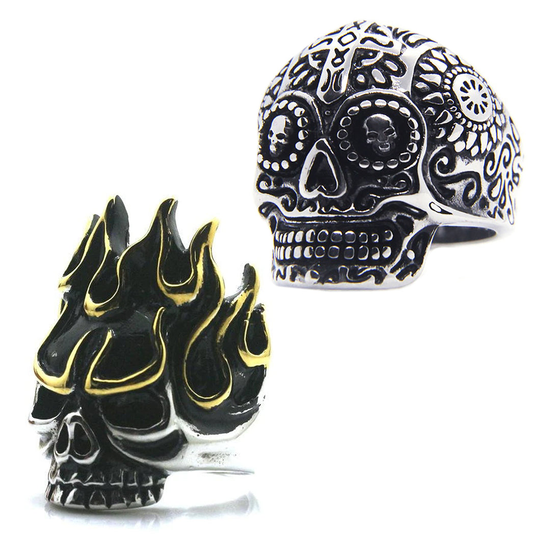 GUNGNEER 2 Pcs Stainless Steel Women Men Flame Punk Skull Skeleton Ring Halloween Jewelry Set