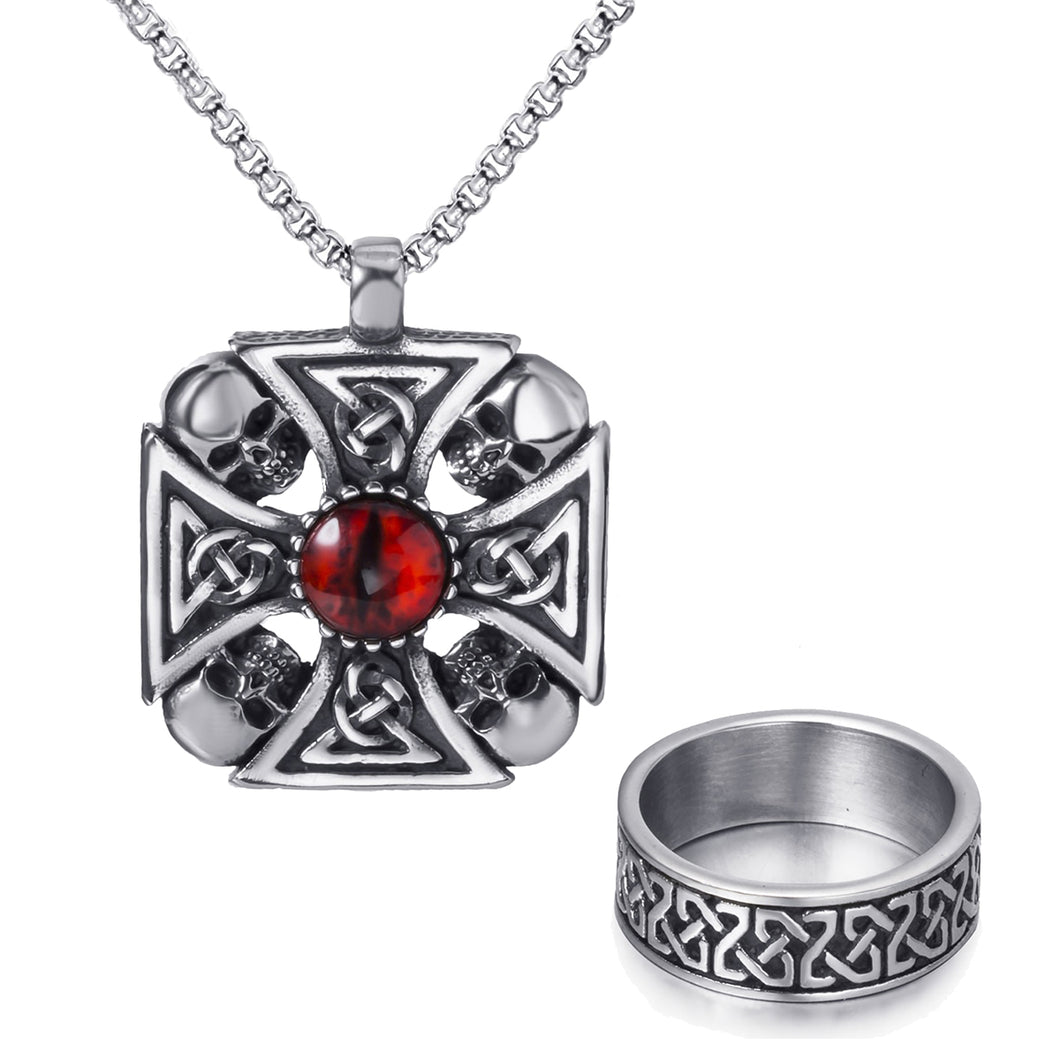 GUNGNEER Celtic Knot Skull Cross Stainless Steel Pendant Necklace Infinity Ring Jewelry Set