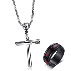 GUNGNEER Stainless Steel Sporty Baseball Pendant Necklace with Ring Jewelry Accessory Set