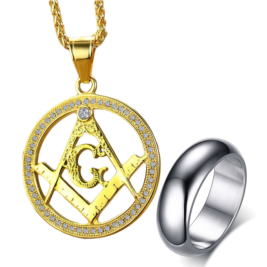 GUNGNEER Freemason Pendant Necklace Biker Stainless Steel Basic Ring For Men Jewelry Set