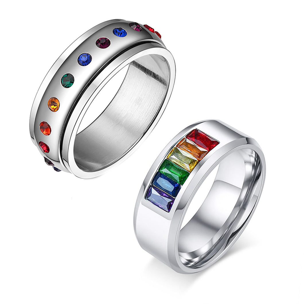 GUNGNEER Stainless Steel Lesbian Gay Bisexual Transgender Pride Ring Set Rainbow Jewelry
