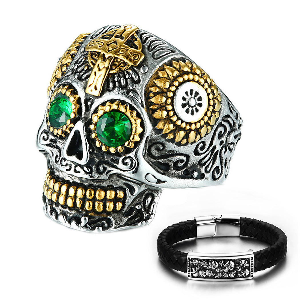 GUNGNEER Mexican Sugar Skull Biker Ring Leather Bracelet Stainless Steel Jewelry Set Men Women