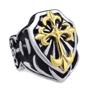 GUNGNEER Stainless Steel Gold Knights Templar Cross Ring with Curb Chain Bracelet Jewelry Set