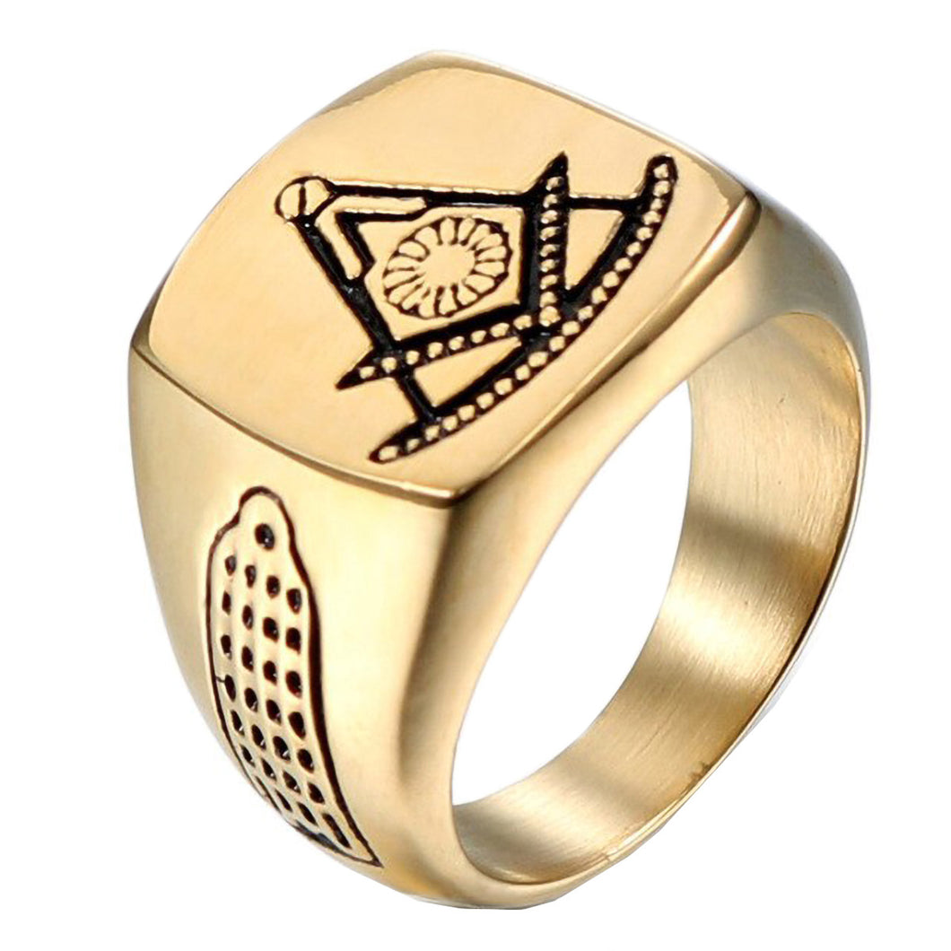 GUNGNEER Freemason Ring Stainless Steel Compass Square Biker Jewelry For Men