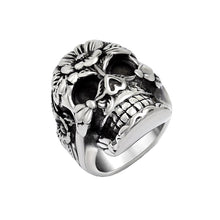 Load image into Gallery viewer, GUNGNEER Stainless Steel Punk Floral Skull Ring Leather Bracelet Strength Jewelry Set Men Women