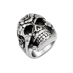 GUNGNEER Stainless Steel Punk Floral Skull Ring Leather Bracelet Strength Jewelry Set Men Women